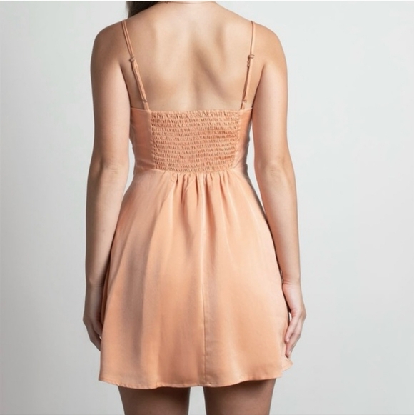 ENDLESS BLU Satin Ruched Mini Skater Dress in Apricot Orange Size Medium - Picture 4 of 11